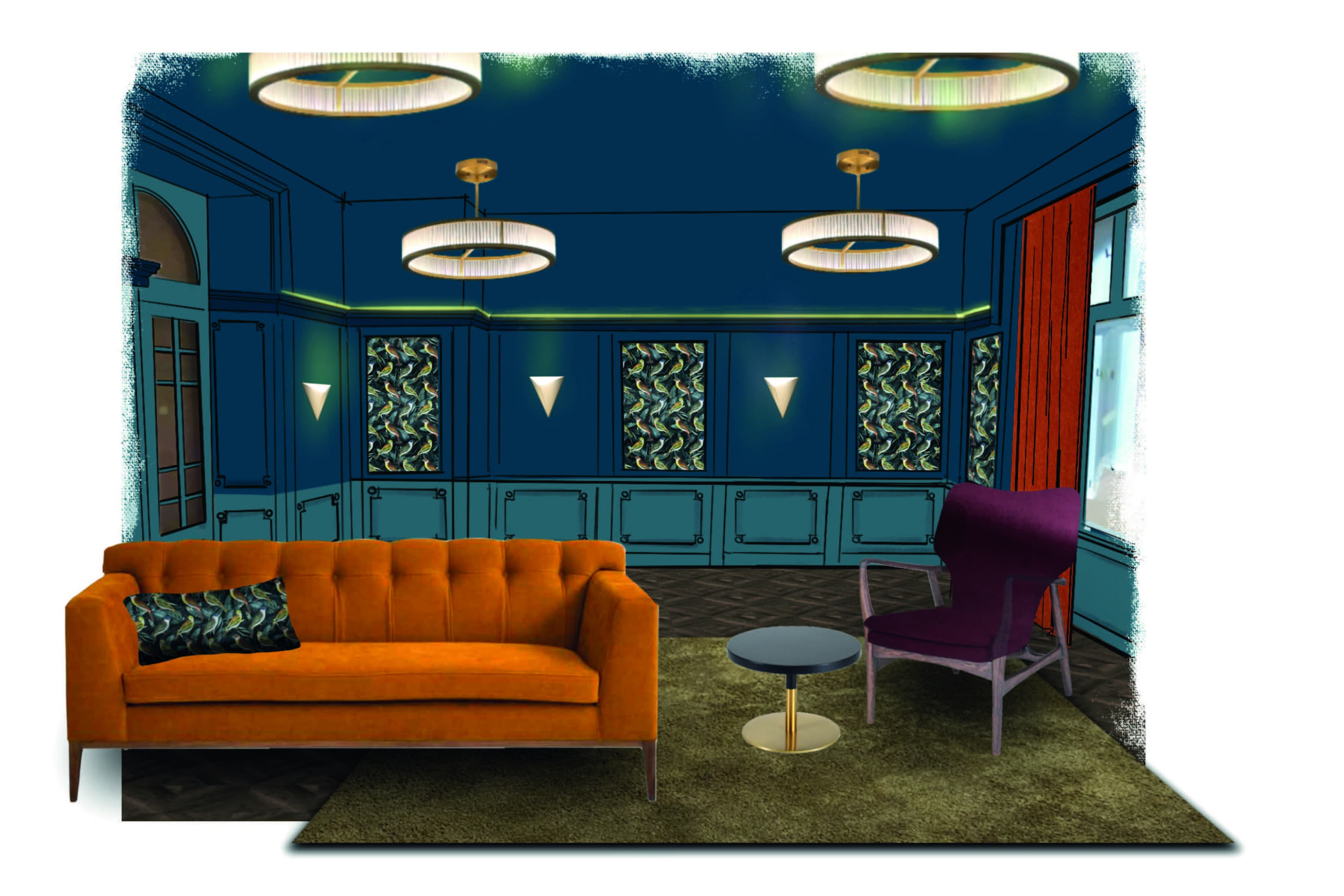 Draweing of the Salon. Area, with a orange couch and blue walls; (c) una-plant_innenarchitekturburo_www_una_plant_at