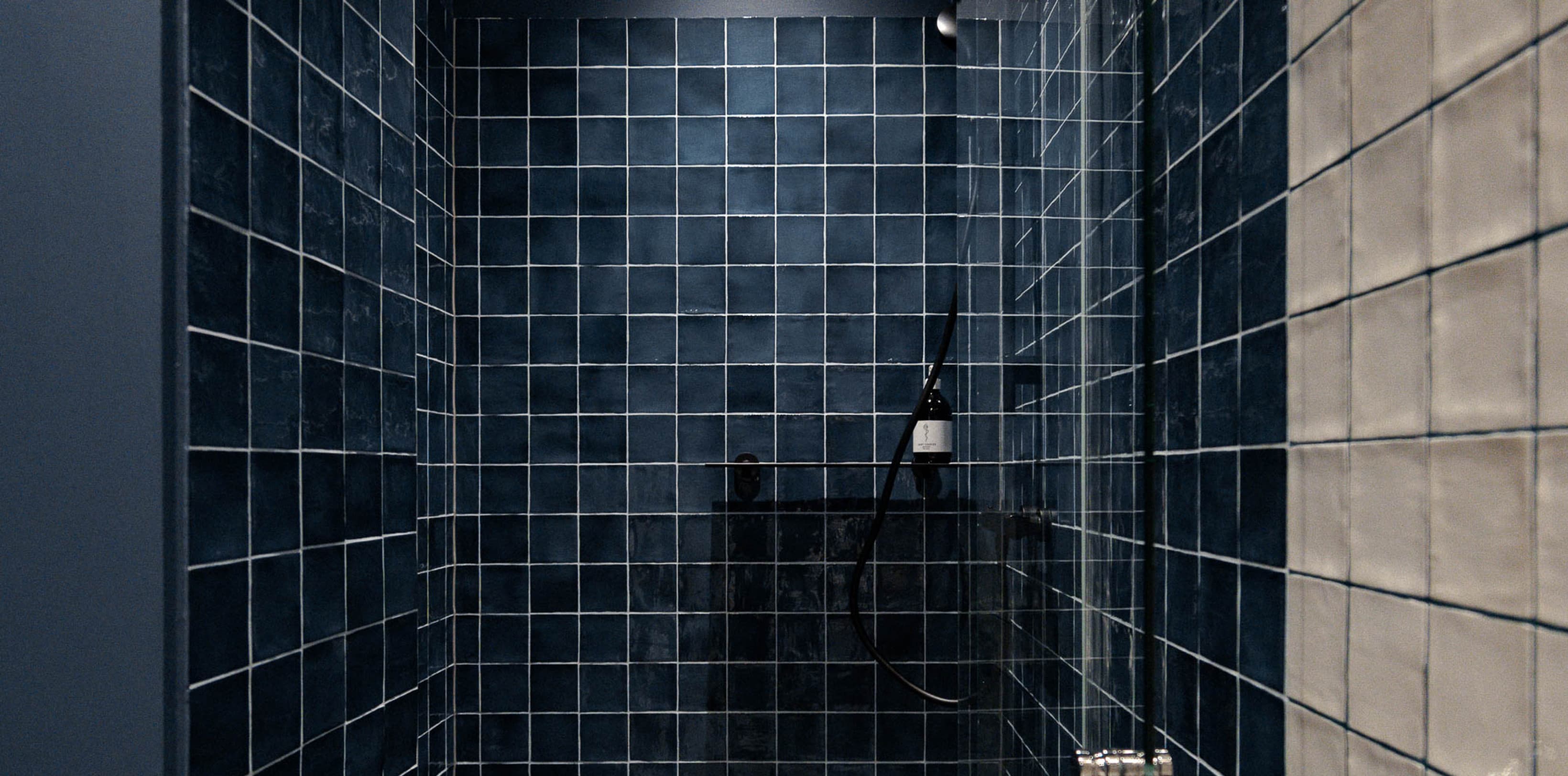 Auf dem Bild ist die Dusche zu sehen, die mit dunkelblauen Fliesen ausgestattet ist. Der Duschkopf ist schwarz.