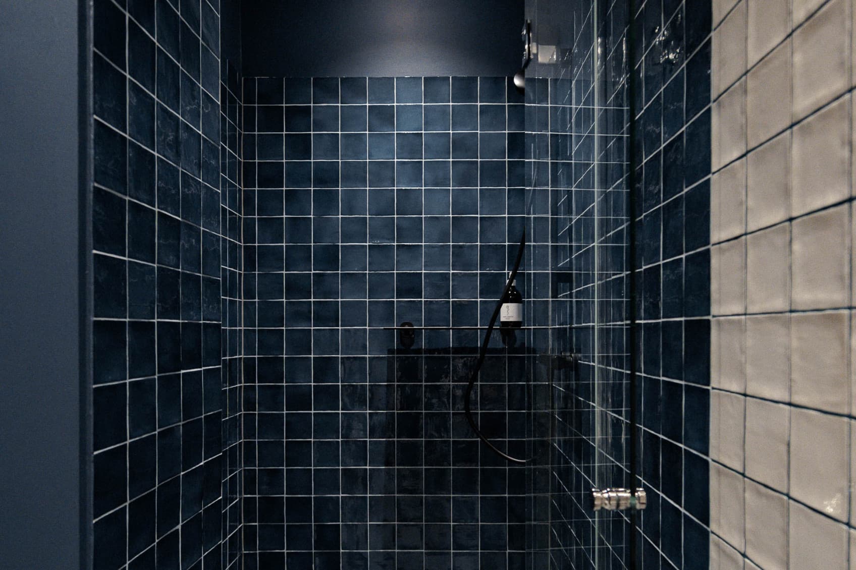 Pictured is the shower, which is equipped with tiles in a dark blue colour. The shower head is black.